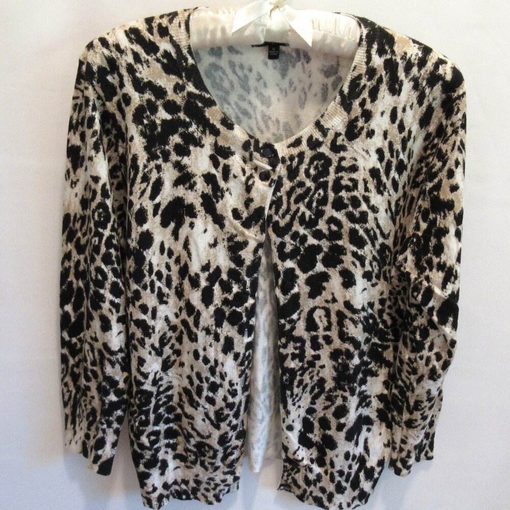 Spense Knits black beige animal print 3/4 sleeve cardigan sweater *Sz M*